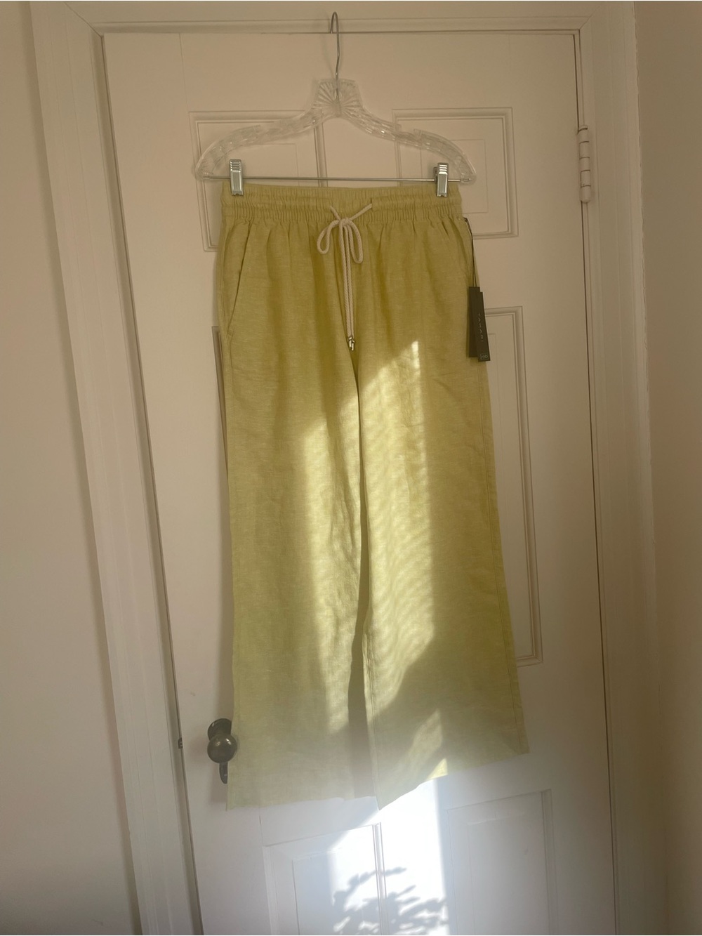 Tahari Lime Green Wide-Leg Linen Drawstring Pants Side Pockets SM